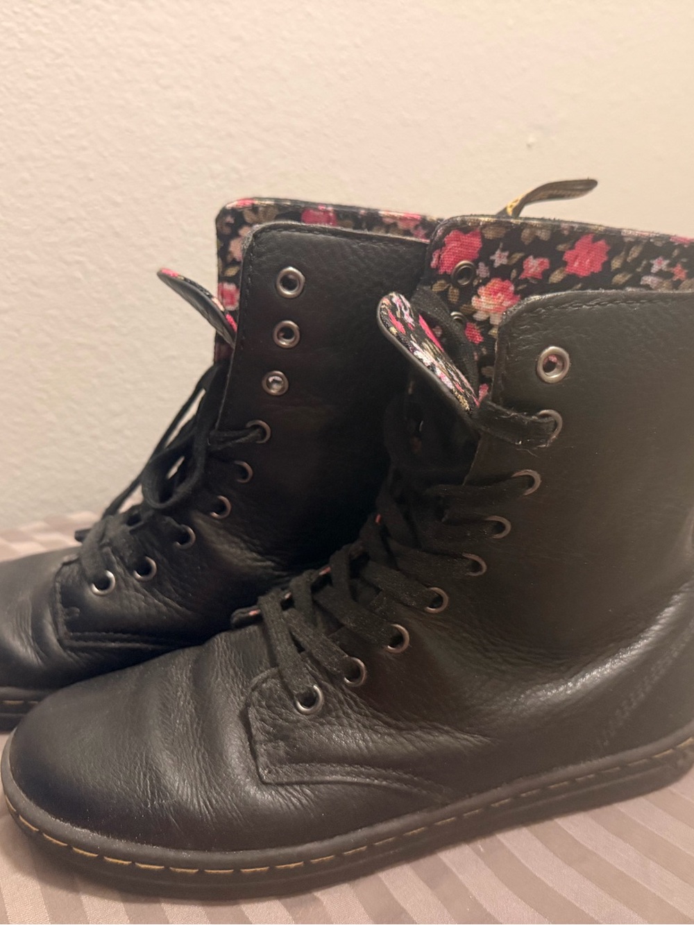Black Floral-Lined Women's Lace-Up Boots